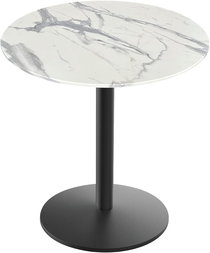 Holland Bar Stool Co. 30" Tall OD214 Indoor/Outdoor All-Season Black Wrinkle Table with 32" Diameter White Marble EuroSlim Top