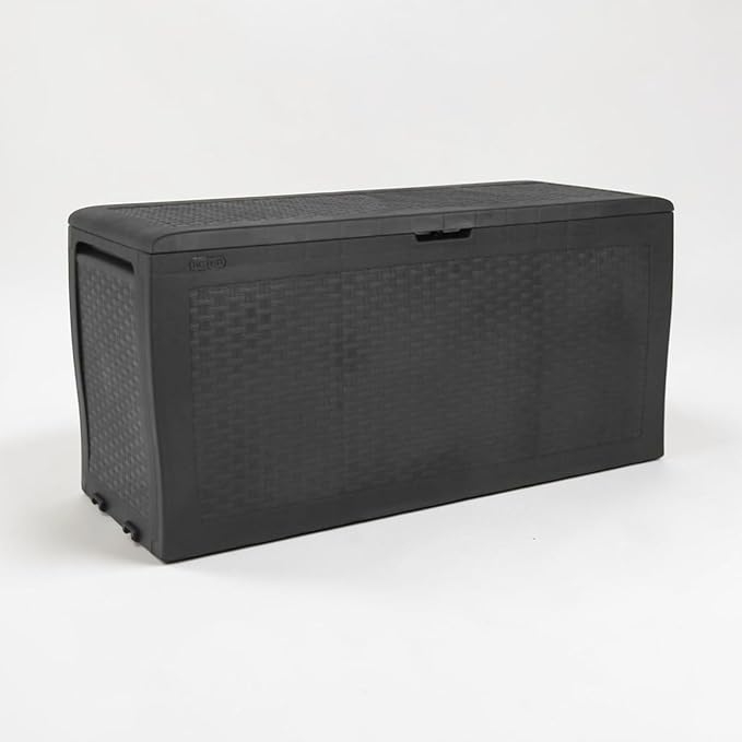 Large Resin Deck Box, 70 Gal Outdoor Storage, Rattan Style, Lockable with Wheels, (Grey, 46" L x 22.4" W x 17.7" H)
