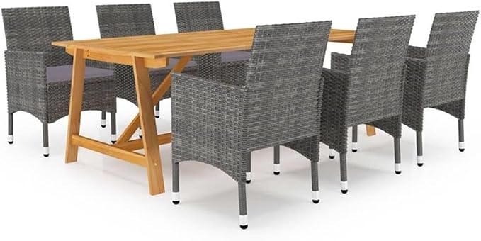 BOWERY HILL 7-Piece Solid Acacia Wood Patio Dining Set, Ergonomic Chairs with Weather-Resistant Cushions, Oiled Gray Finish, Durable Metal Frame for Outdoor Garden or Patio Dining, Seats 6