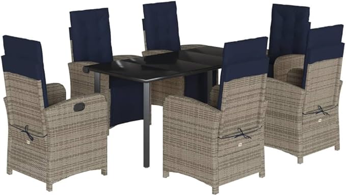 Backyard Furniture Patio Conversation Sets Outdoor Seating 7 Piece Patio Dining Set with Cushions Gray Poly Rattan Suitable for Gardens, Balconies, Decks