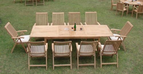 8 Seater Grade-A Teak Wood 9pc Dining Set: Large 117" Double Extension Rectangle Table and 8 Marley Reclining Arm Chairs #TSDSMR8