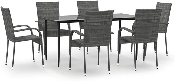 7 Piece Patio Dining Set Gray Poly Rattan Outdoor Furniture with Tempered Glass Table and 6 Stackable Chairs for Garden Backyard Deck