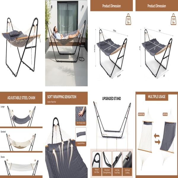 Hammock with Stand, Quilted Pad & Pillow, 76.8 x 55.1in Bed (Grey) | Anti-Rust Iron Frame, Adjustable Steel Chains