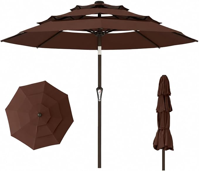 10ft Patio Umbrella, 3-Tier Vented Outdoor Table Umbrella with 8 Sturdy Fiberglass Ribs, Windproof Market Umbrella with Push Button Tilt and Crank, UV Protection for Deck, Pool, Brown