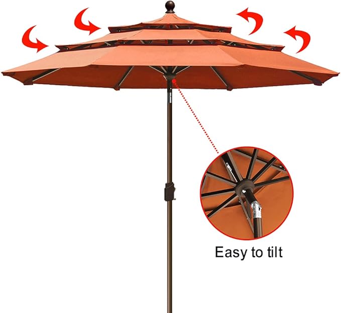 EliteShade USA 10-Year-Non-Fading 9ft 3-Tier Market Patio Umbrella, Commercial Grade Outdoor Table Umbrella with Crank Open, Windproof & UPF 50+ UV Protection, Heavy Duty Ventilation for Garden, Deck, Pool, Backyard, Beach & Bistro, Rust