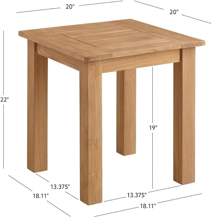 Afuera Living Square Outdoor Side Table, 20" x 20" x 22", Solid Teak Wood, Natural Oil Finish, Slatted Top, Compact Design, Sustainable Patio Furniture for Drinks or Lanterns