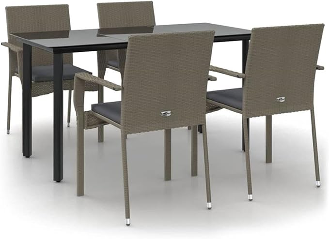 Afuera Living 5-Piece Garden Dining Set, Black and Gray PE Rattan, Powder-Coated Steel Frame, Rectangular Table and 4 Chairs with Cushions, Modern Style Outdoor Patio Furniture for Backyard or Terrace