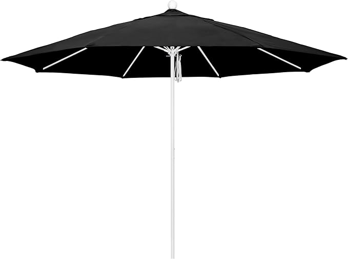 California Umbrella 11Ft Commercial Grade Market Umbrella, Pulley Lift, Aluminum/Fiberglass, 2mm pole wall, White Frame, Solution Dyed Black Fabric