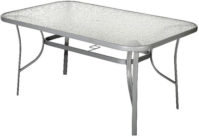 Afuera Living 35x59 Rectangular Glass & Steel Patio Table, Clear Top with Silver Powder Coated Frame, 6-Person All Weather Dining Table with Umbrella Hole for Deck, Patio, or Poolside Use