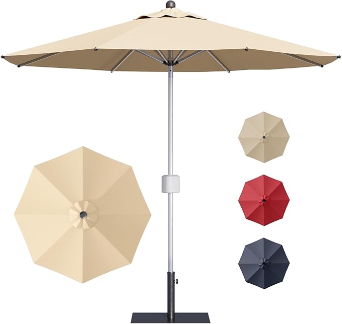 Patiowell 9 FT Motorized Patio Umbrella with Base Included, Outdoor Umbrella with Base, Detachable Power Bank Hands-Free Automation, Aluminum Frame for Backyard, Poolside, Outdoor Dining, Beige