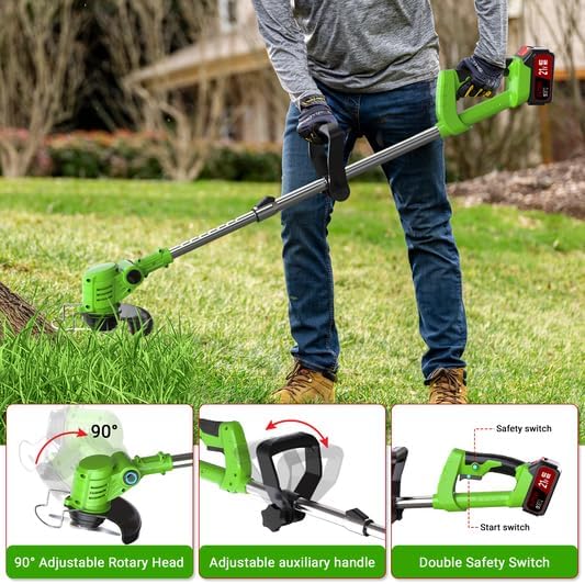 21V Electric Weed Wacker Cordless, Weed Eater Battery Powered, Weed Trimmer, Brush Cutter, Telescopic Handle, 3 Cutting Methods, Lawn Trimmer for Garden and Yard Lawn, 2 * 2.0Ah Batteries & Charger