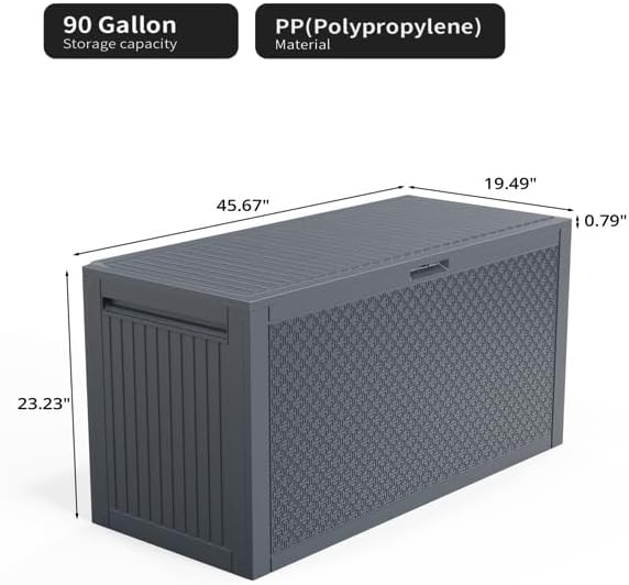 90gal Outdoor Garden Plastic Storage Deck Box Tools Lockable Seat (Grey)