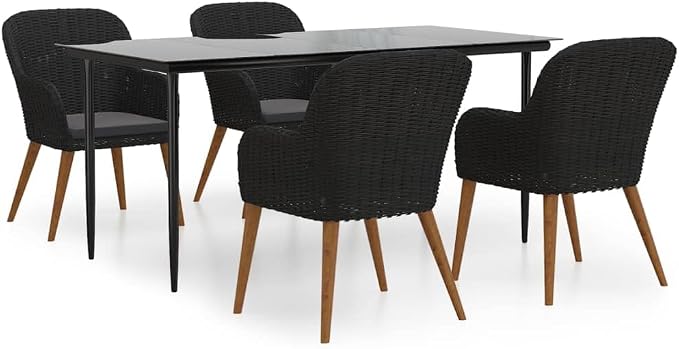 5 Piece Patio Dining Set with Cushions Black Acacia Wood and Steel Outdoor Table and Chairs for Garden Backyard Entertainment Tempered Glass Top