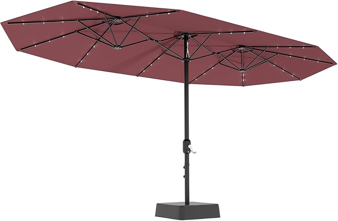 15FT Outdoor Patio Umbrella,Double-Sided Rectangle Market Umbrella with 36 LED Solar Lights & Base,UV50+ Weather-Resistant Oversized Outdoor Umbrella,Crank Lift,3-Way Shade for Pool,Garden,Backyard