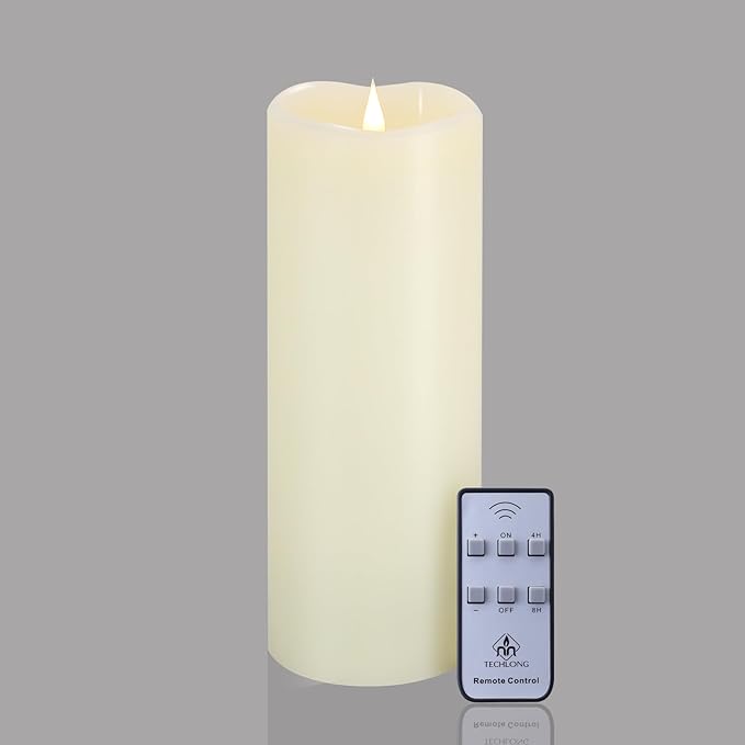 TECHLONG 10" x 4" Large Flameless Candles with Remote Timer, Flickering 3D Moving Flame, Last 1000+ Hours, Real Wax Tall LED Pillar Candles Battery Operated for Indoor Home Decor, Ivory