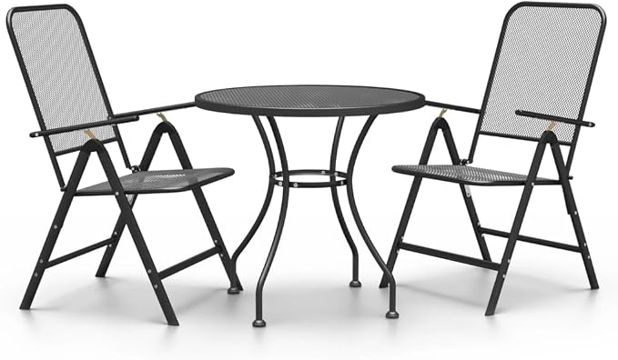 Outdoor Dining Set 3 Piece Expanded Metal Mesh with Foldable Chairs Adjustable Backrest for Patio Garden Backyard Balcony Porch Anthracite