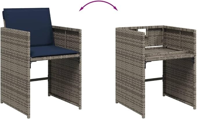 11 Piece Garden Dining Set with Cushions Grey Poly Rattan Outdoor Patio Furniture Table Chairs Stools Folding Backrest Design Acacia Wood Top Navy Blue