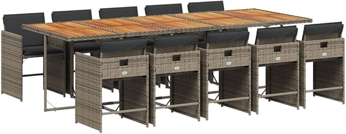 11-Piece Gray Poly Rattan Outdoor Dining Set with Cushions, Acacia Wood Table & Foldable Chairs for Patio Garden Backyard Porch