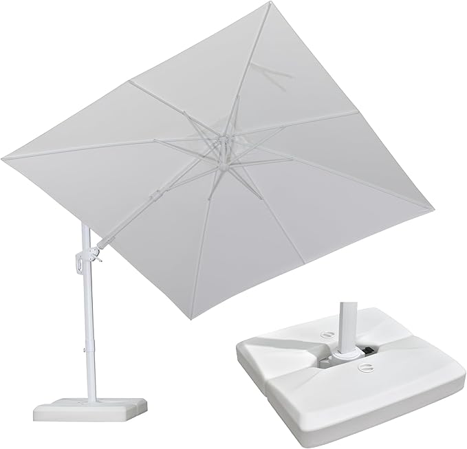 PURPLE LEAF 9' X 12' Right-left Tilt White Cantilever Umbrella with Base Patio Outdoor Swivel Umbrellas with Aluminum Tilt Offset Umbrella with 360° Rotation for Deck Pool, White