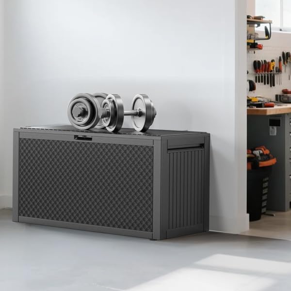90gal Outdoor Garden Plastic Storage Deck Box Tools Lockable Seat (Black)