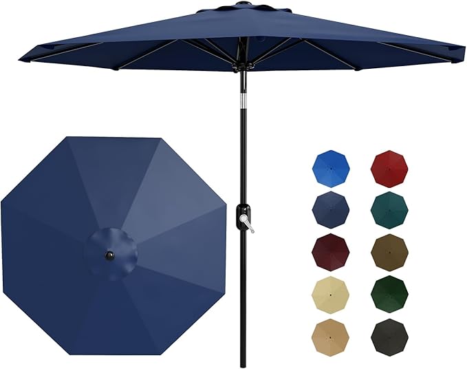 Garvee 10 ft Patio Umbrella - 8 Sturdy Ribs Outdoor Table Umbrella with Crank Lift & Push Button Tilt - Market Umbrella for Pool, Deck, Yard, Garden - Navy Blue
