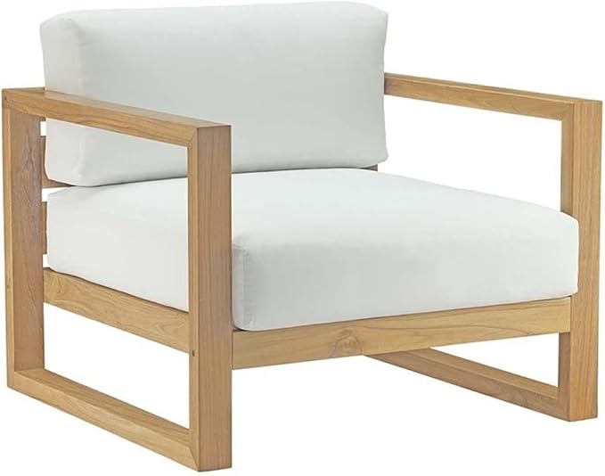 Pemberly Row 4-Piece Patio Sofa Set, Solid Teak Wood, Natural Finish, White Cushions, Includes Sofa, 2 Armchairs, Coffee Table, Modern Outdoor Furniture for Balcony, Backyard, Poolside, or Garden