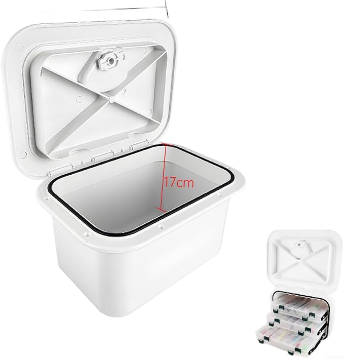 ABS Marine Storage Box with Deck Cover for Yacht Hatch Inspection Lid, Featuring Spacious Capacity, 270 Degree Smooth Rotation and Marked Cutting Lines for Custom Fit (White)
