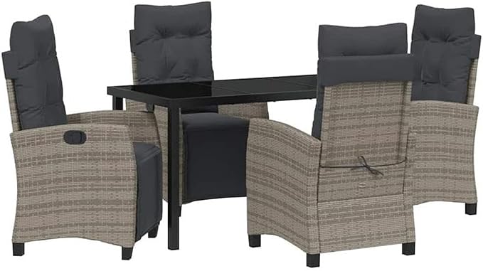 Afuera Living 5 Piece Poly Rattan Garden Dining Set, Gray Woven Finish, Outdoor Furniture with Cushions, Glass Tabletop, Steel Frame, Adjustable Chairs, Modern Patio or Garden Seating for 4
