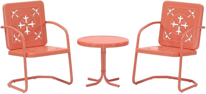 Crosley Furniture Azalea 3-Piece Vintage Outdoor Chair and Side Table Set, Retro Metal Patio Conversation Sets, Coral Gloss