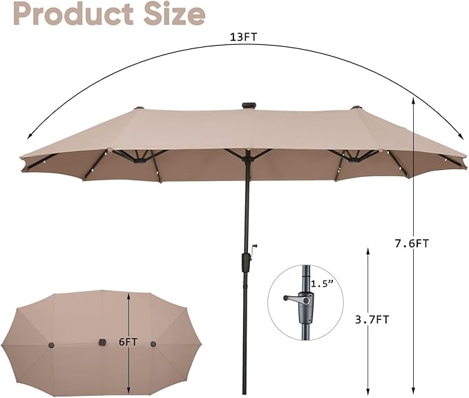 13Ft Large Patio Umbrella with Solar Lights Outdoor Double-Sided Market Table Umbrella Easy Crank for Yard, Poolside, Deck-Khaki