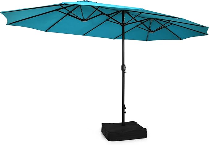 Tangkula 15FT Double-Sided Patio Umbrella with Base, Extra-Large Market Umbrella W/Crank System, Outdoor Twin Umbrella W/ 12-Rib Metal Structure & Air Vents for Garden, Backyard, Poolside (Turquoise)