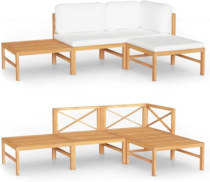 4 Piece Patio Lounge Set with Cream Cushions,Patio Sofa,Outdoor Daybed,Patio Seating,Outdoor Furniture Sets,Modern Set,Outdoor Patio Chairs,Patio Conversation Sets,for Backyard,Garden, Solid Teak Wood