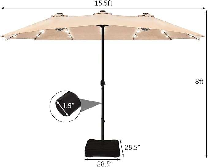Tangkula 15 Ft Solar Patio Umbrella with Base, Extra Large Outdoor Double-Sided Twin Umbrella with 36 LED Lights & Crank Handle for Garden, Deck, Poolside, Patio (Beige)