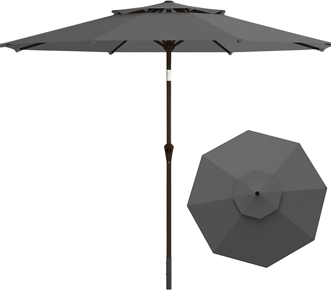 9FT Patio Umbrella 2-Tier Outdoor Market Table Umbrella with Push-Button Tilt & Crank | UPF 50+ & Waterproof for Backyard,Garden,Pool,Deck (Gray)