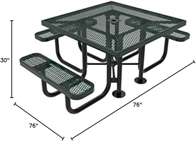COATEDOUTDOORFURNITURE Heavy-Duty Portable ADA-Compliant Outdoor Picnic Table with Umbrella Hole, Expanded Metal Patio Dining Furniture Made in America (46" Square Top, Green)