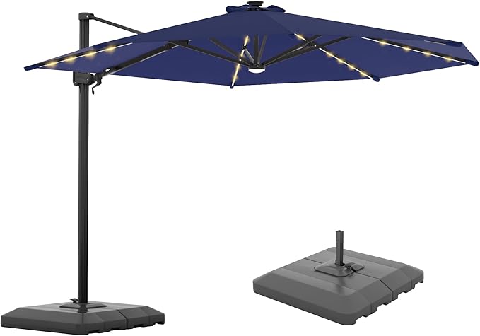FLAME&SHADE 11ft Cantilever Patio Umbrella with Base, Round Offset Umbrella with Solar Light Strips, Large Heavy Duty Outdoor Aluminum 360° Rotation,for Deck,Pool,Backyard