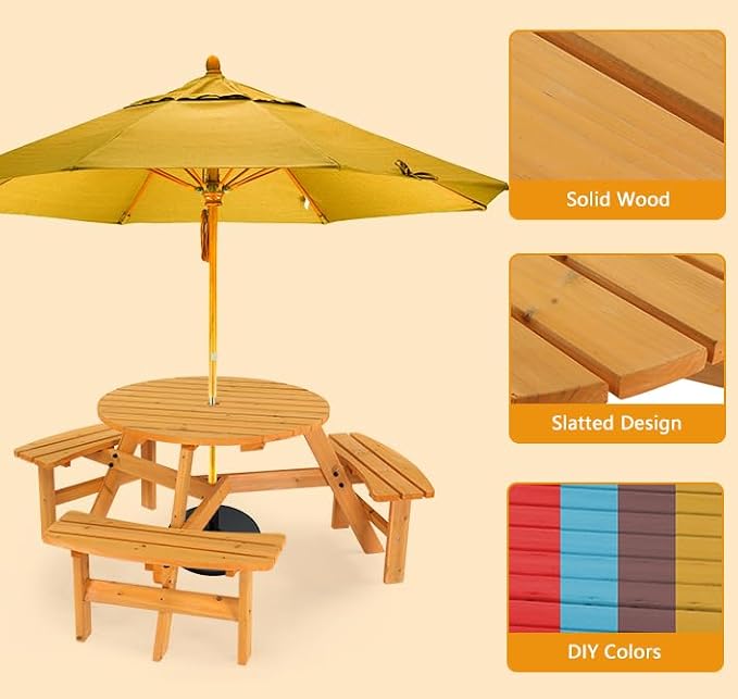 VINGLI 6 Person Wooden Picnic Table, Cedar Wood Patio Table with 3 Built-in Benches, 300LBS Capacity Outdoor Picnic Table Set with Umbrella Hole for Garden, Patio, Backyard, Natural
