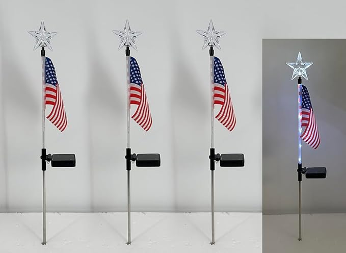 4th of July Decorations Outdoor,3 Pack American Flag for Outside Garden Stakes,Patriotic Solar Lights Outdoor Pathway,Yard,Lawn,National Day
