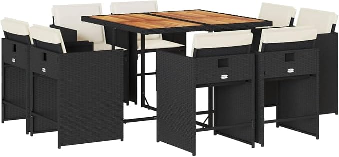 9 Piece Outdoor Patio Dining Set with Cushions Black Poly Rattan Folding Chairs for Garden Backyard Porch Acacia Wood Table UV-Proof Foldable 8 Seats