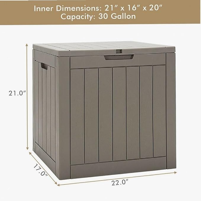 30-Gallon PP Light Brown Woodgrain Deck Box Lockable Waterproof for Outdoor and Patio Use 22x17x21in