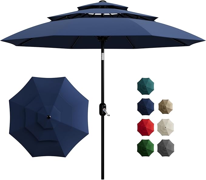 Garvee 10Ft 3-Tier Patio Umbrella, Outdoor Table Umbrella with Vents, Easy Crank and Push Button Tilt, Market Umbrella with 8 Sturdy Ribs for Pool, Deck, Yard, Garden -Navy Blue