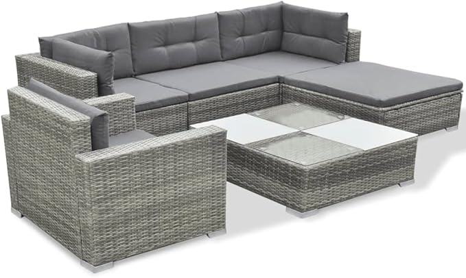 6 Piece Patio Lounge Set with Cushions, Sectional Sofa Patio Conversation Set Front Porch Furniture Outdoor Sofa Sets for Exhibition Negotiation Area Poolside Garden Poly Rattan Gray