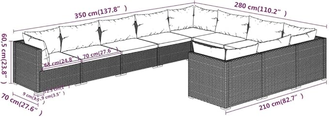 10 Piece Patio Lounge Set with Cushion, Outdoor Patio Sectional Piece Patio Set Furniture Conversation Sets Patio Lounge Set s Poly Rattan Black