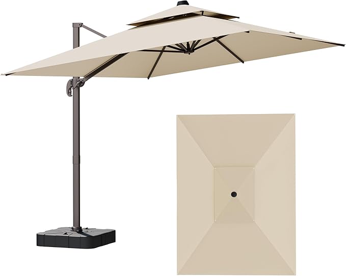 9x12FT Cantilever Patio Umbrella - Heavy Duty Double Layer Offset Design with 360° Rotation, Large Rectangle Sun Shade Umbrella for Garden, Deck, Pool, Backyard, Beige