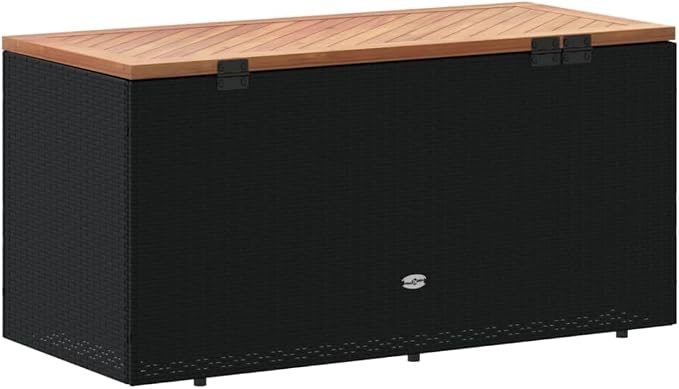 Patio Storage Box 43.3 Inch PE Rattan Outdoor Bench with Acacia Wood Top Water-Resistant Bag for Garden Poolside Deck Furniture Black Brown