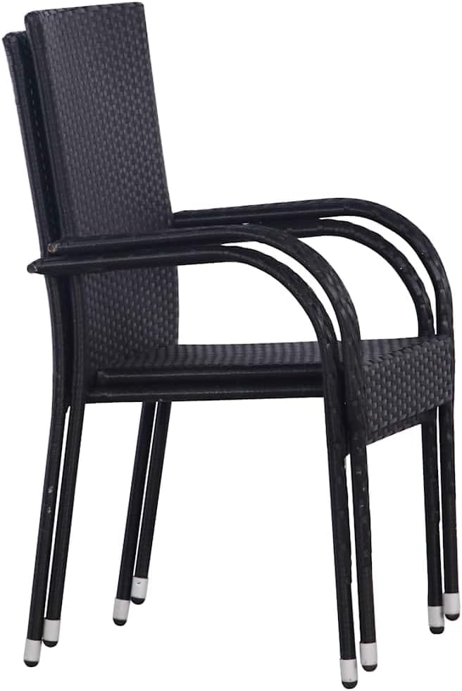 3 Piece Garden Dining Set, Black PE Poly Rattan Outdoor Furniture with Glass Top Table and 2 Stackable Chairs, Rectangular Small Patio Bistro Set for Balcony, Backyard and Terrace