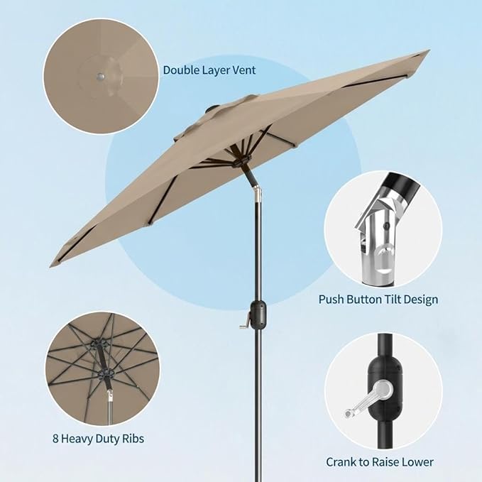 IDEALHOUSE 9FT Outdoor Patio Umbrella, Market Table Umbrella with Crank Lift & Push Button Tilt, Heavy-Duty Iron Frame & Polyester Canopy for Garden, Deck, Backyard, Pool
