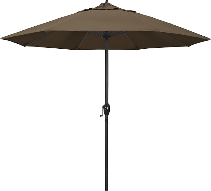 California Umbrella 12-Year Protection 9' Rd Aluminum Patio Umbrella, Crank Lift, Auto Tilt, Black Finish, Sunbrella Cocoa