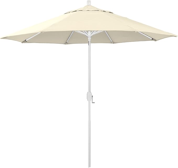 California Umbrella 12-Year-Non-Fading, 9Ft Premium Sunbrella Patio Umbrella, Hand-Crank, Button-Tilt, White Frame, Canvas Fabric