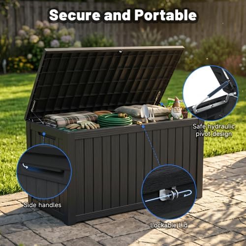 Outdoor Storage Box, Durable Deck Box with Side Handle and Lockable Lid, Deck Boxes Outdoor Waterproof, Large Patio Furniture for Poolside Accessories, Garden Tools, 180 Gallon